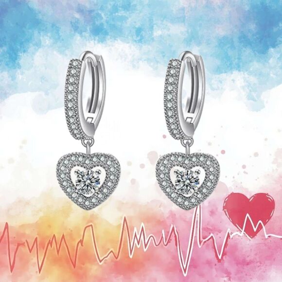 Sterling Silver CZ Heart Dangle Hoop Earrings - Picture 4 of 6